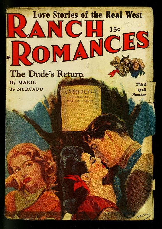 Ranch Romances Pulp 3rd April  Number 1942- Love triangle cover- G/VG