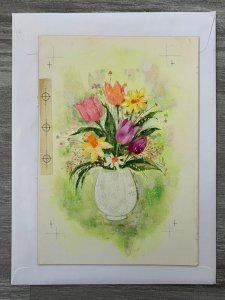 HAPPY BIRTHDAY Colorful Tulips in White Vase 7x10 Greeting Card Art B9845