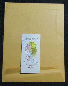 WILL YA COME TO A PARTY? Cute Girl in White Dress 2.5x5 Greeting Card Art #6534