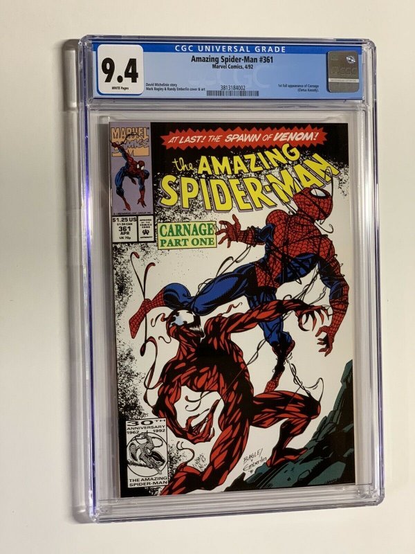 Amazing spider-man 361 cgc 9.4 white pages 1st Carnage marvel 1992