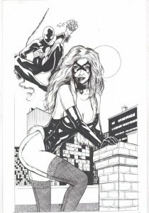 Sexy Black Cat & Black Suit Spider-Man Commission - Signed art by Unknown