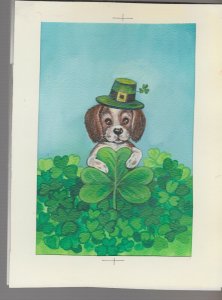 ST PADDYS Cute Painted Dog w/ Hat & Clover 6x8.25 Greeting Card Art #SP7818