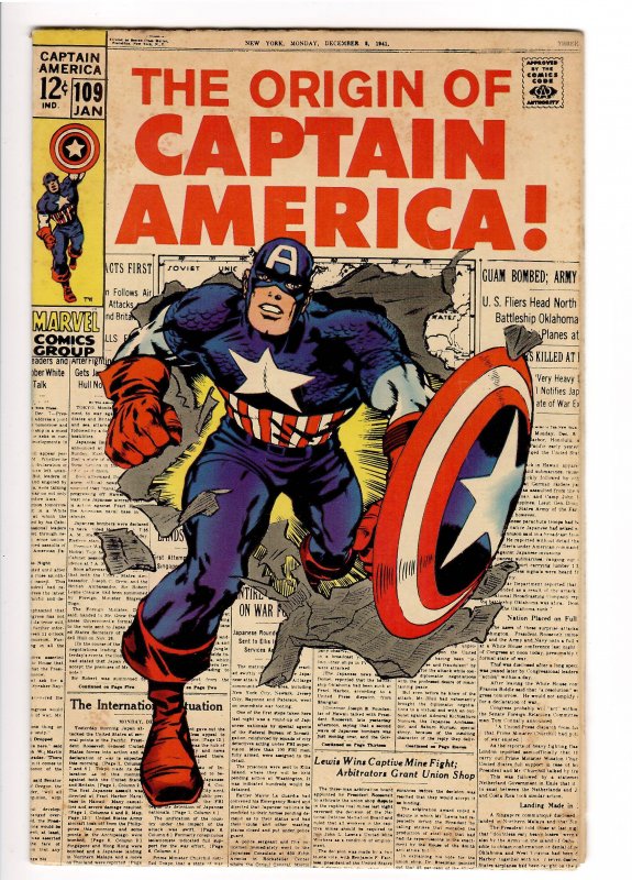 CAPTAIN AMERICA 109;ORIGIN;HIGHER GRADE;CLASSIC JACK KIRBY COVER!