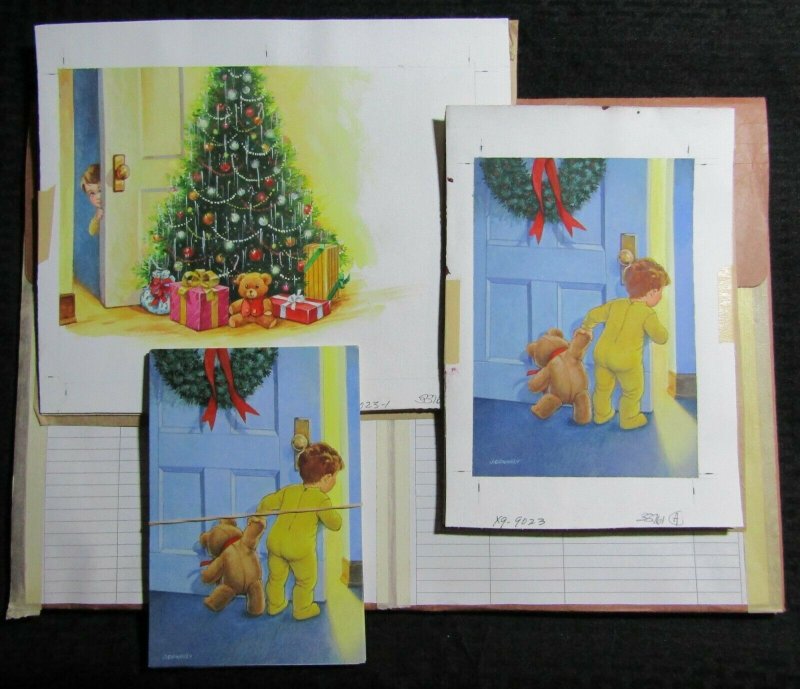 CHRISTMAS MORNING Sneaky Boy with Tree 2pcs 11.5x9.5 Greeting Card Art #X9033 