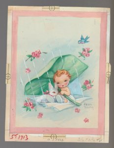 NEW ARRIVAL Cute Baby w/ Bunny & Leaf Umbrella 5.5x7.5 Greeting Card Art #T1913