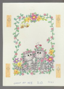 ANNIVERSARY Cartoon Cats w/ Bees & Flowers 7x9 Greeting Card Art #WA9021