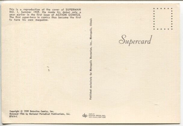 Superman #1 First Issue 1939 Post Card 1972-DC-reproduces cover-VF