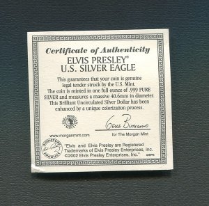 2002 25th Anniversary Elvis Presley Colorized US Silver Eagle