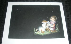 CHRISTMAS Cute Boy w/ Fox Lamb in Candlelight 7x5.5 Greeting Card Art #BB-10