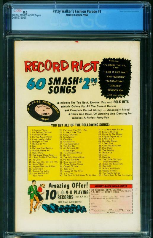 PATSY WALKER'S FASHION PARADE #1 CGC 8.0 1966-MARVEL 2015975003