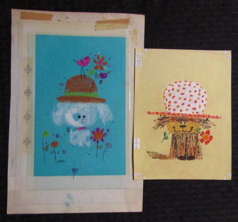 CARTOON DOGS w/ Bird & Flowers 2pcs 8x11 Greeting Card Art #1481 8662