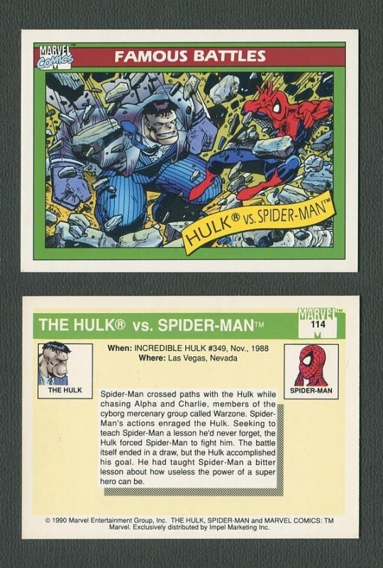 1990 Marvel Comics Card  #114 (Hulk vs Spiderman)  NM-MT+