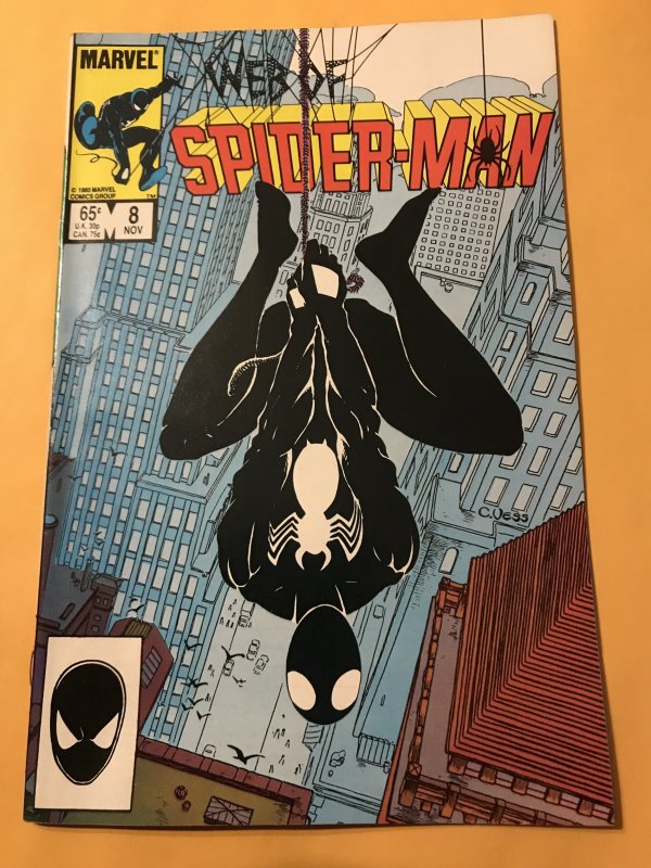 WEB OF SPIDER-MAN #8 : Marvel 11/85 VF- white pages; Black Costume