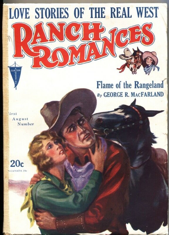 RANCH ROMANCES 1st  AUG 1929-CLAYTON PUBS-WESTERN PULP FICTION-RARE