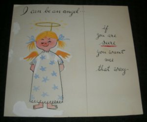 I CAN BE AN ANGEL Cute Girl Winking w/ Halo Wings 9x8.5 Greeting Card Art #nn