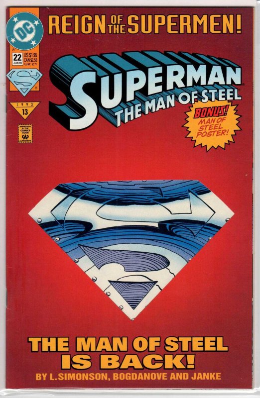 Superman: The Man of Steel #22 Die-Cut Cover (1993) 8.5 VF+