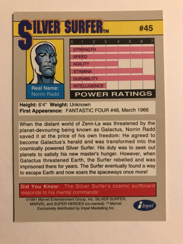 SILVER SURFER #45 : Marvel Universe 1991 Series 2 card; Impel, NM/M Hi Grade