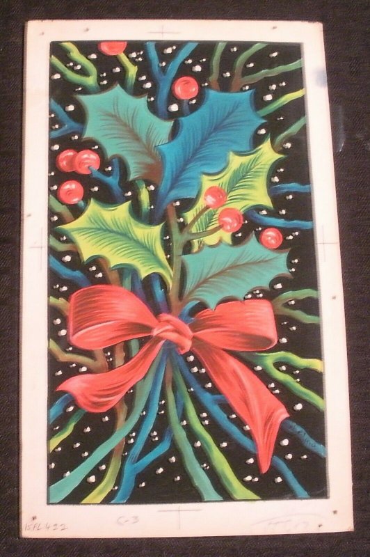 CHRISTMAS Vintage Mistletoe w/ Red Ribbon 6.5x10.5 Greeting Card Art #FL422