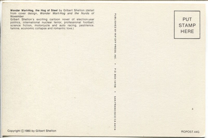 Wonder Wart-Hog Flying Post Card #44G 1980-Shelton-6 X 4-NM