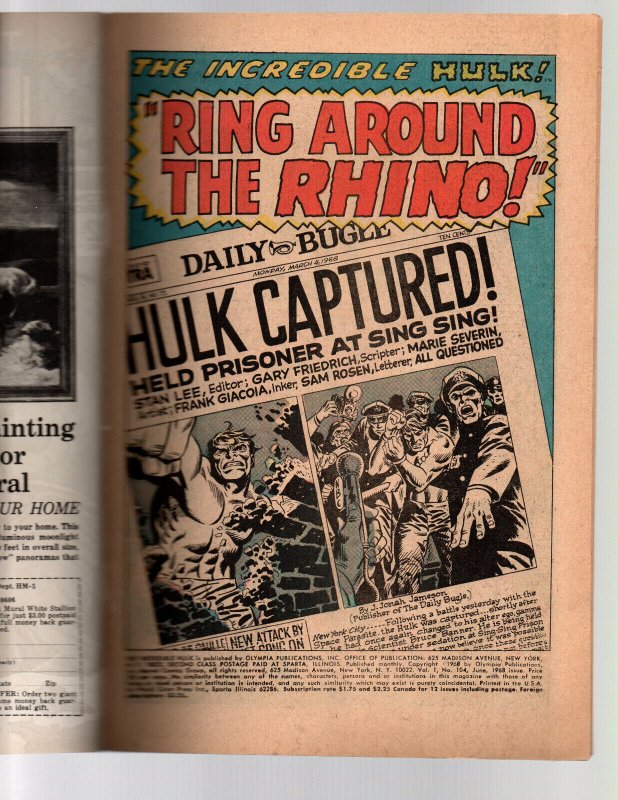 The Incredible Hulk #104 - vs Rhino - 1968 - FN/VF 