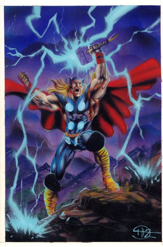 Thor with Mjolnir Calling Lightning Painted Art - Signed art by Don Hillsman II