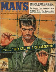 Man's 9/1957-POW cover-cheesecake-Mike Wallace-Bowery-hardboiled pulp-GOOD