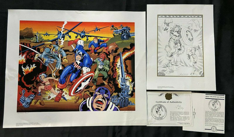 50TH ANNIVERSARY CAPTAIN AMERICA PRINT PROOFS SIGNED BY JACK KIRBY 1990 W/COA