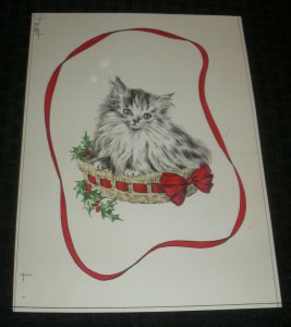 CHRISTMAS White Kitten in Basket w/ Ribbon 7x9.5 Greeting Card Art #153