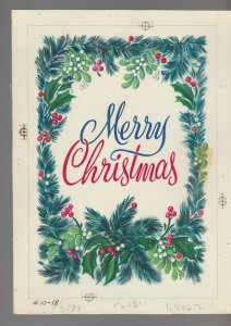 MERRY CHRISTMAS Lettering w/ Pine Berries Border 7x9.5 Greeting Card Art #1018