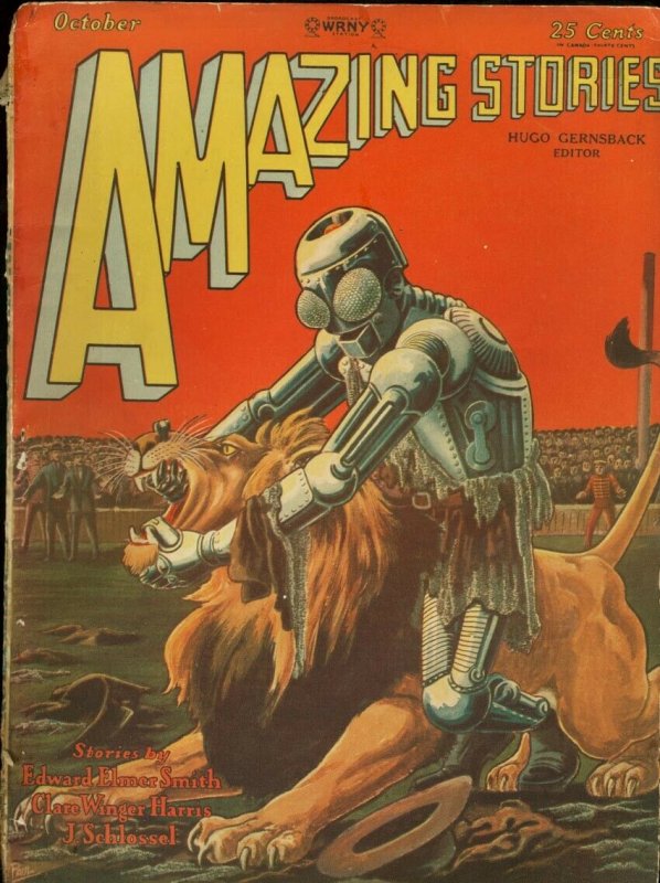 AMAZING STORIES-1928 OCT-ROBOT FIGHTS LION ON COVR-PULP G 