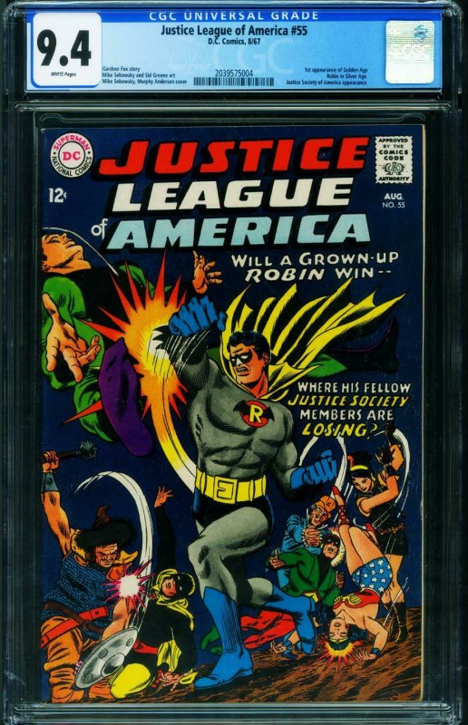 JUSTICE LEAGUE OF AMERICA #55 CGC 9.4 WHITE 1st GA Robin 2039575004 