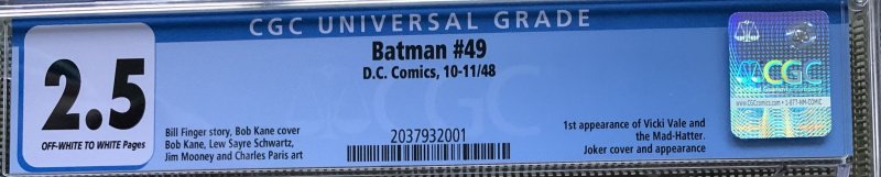 Batman #49 (1948) CGC 2.5 -- 1st Mad Hatter & Vicki Vale; Joker cover and app.