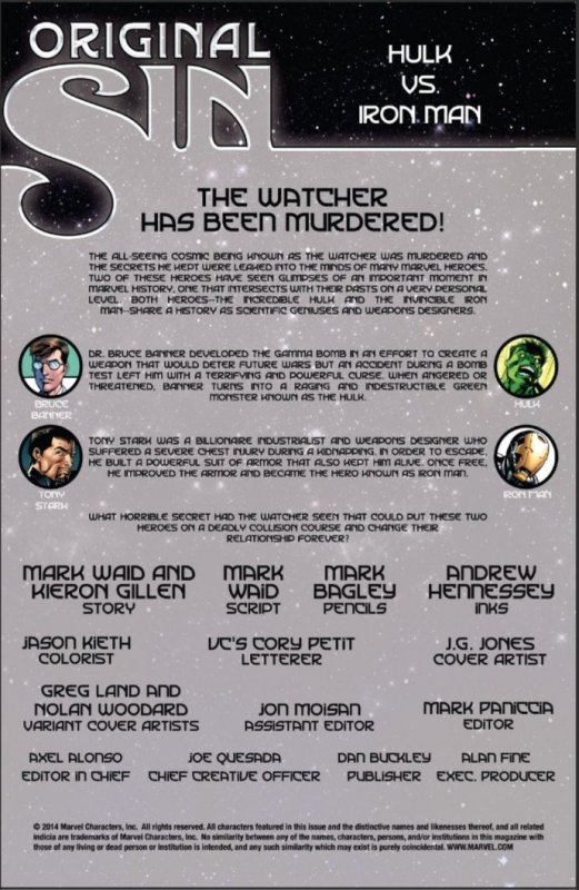 ORIGINAL SIN #3.1 (2014) HULK VS. IRON MAN #01 | J.G. JONES | DIRECT EDITION