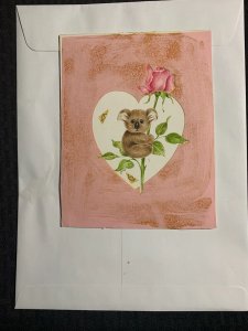 HAPPY VALENTINES DAY Painted Koala w/ Pink Rose 6x8 Greeting Card Art V9707