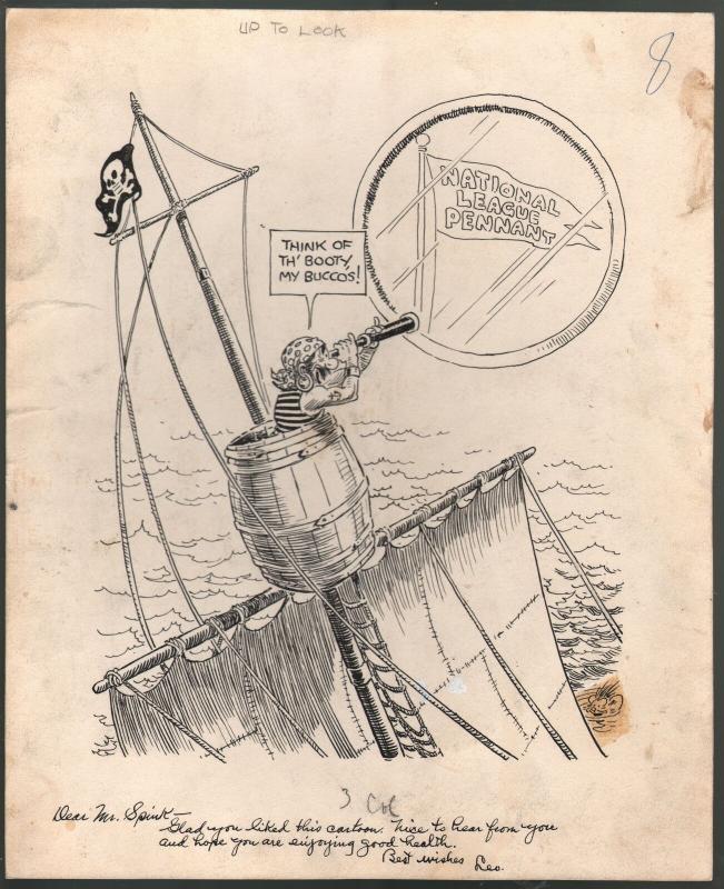 Leo O'Melia Original Sporting News Cartoon Art 1940's-Taylor Spink-pirates-VG