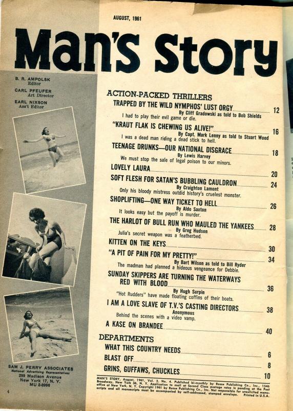 Man's Story Magazine August 1961-LINGERIE COMMIE SNAKE TORTURE-EMT VG-