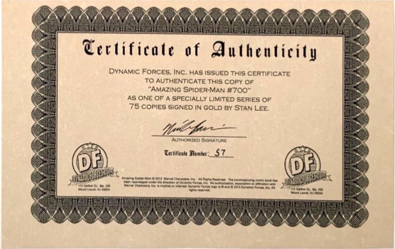 THE AMAZING SPIDER-MAN #700 GARCIN VARIANT SIGNED IN GOLD BY STAN LEE W/COA