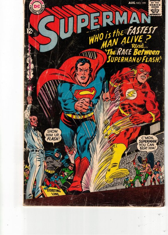 Superman #199 (1967) VG+ 1st Superman VS. flash race Affordable grade! Boca CERT