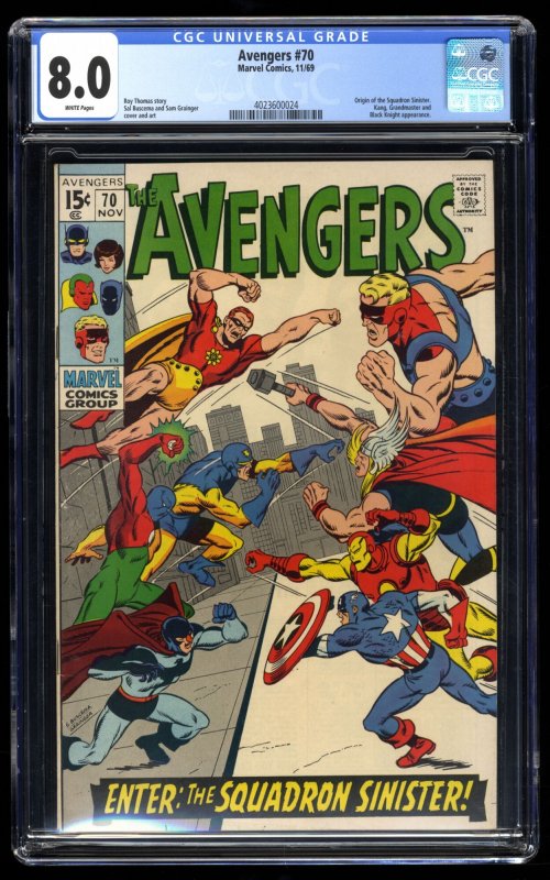 Avengers #70 CGC VF 8.0 White Pages 1st Appearance Squadron Sinister!