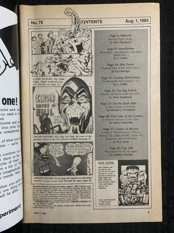 1985 AMAZING HEROES Comic Magazine #76 FN 6.0 Hulk & Alpha Flight