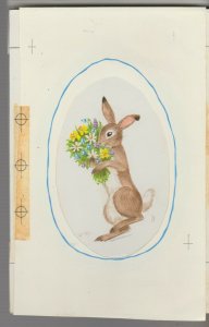 JUST FOR YOU Cute Bunny Rabbit w/ Bouquet 6x9.25 Greeting Card Art #E2477