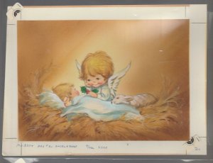 MERRY CHRISTMAS Angel Baby w/ Lamb & Mistletoe 8x6 Greeting Card Art #21