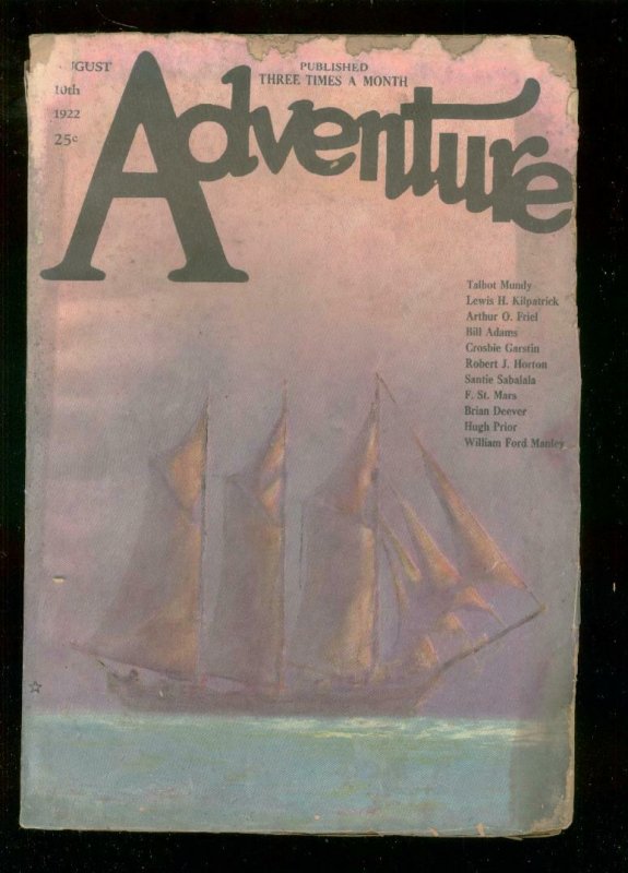 ADVENTURE PULP-AUG 10 1922-TALBOT MUNDY-H C MURPHY-RARE FR/G