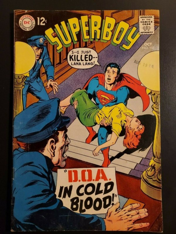 SUPERBOY #151 (1968) F- (5.5) Superboy kills Lana Lang DOA Neal Adams cover|