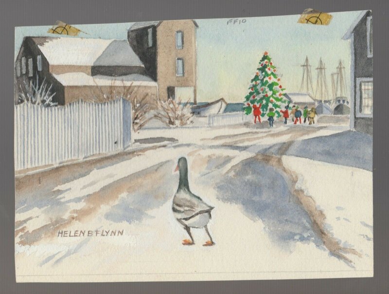 CHRISTMAS Duck Crossing Road w/ Kids & Tree 8x5.5 Greeting Card Art #FF10