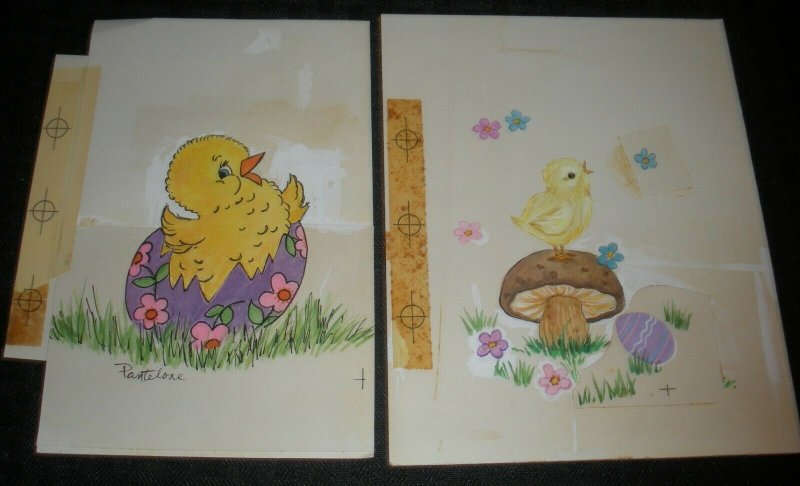 EASTER Cartoon Chicks w Flowers Mushroom 2pcs 5x7 Greeting Card Art #2230 2246