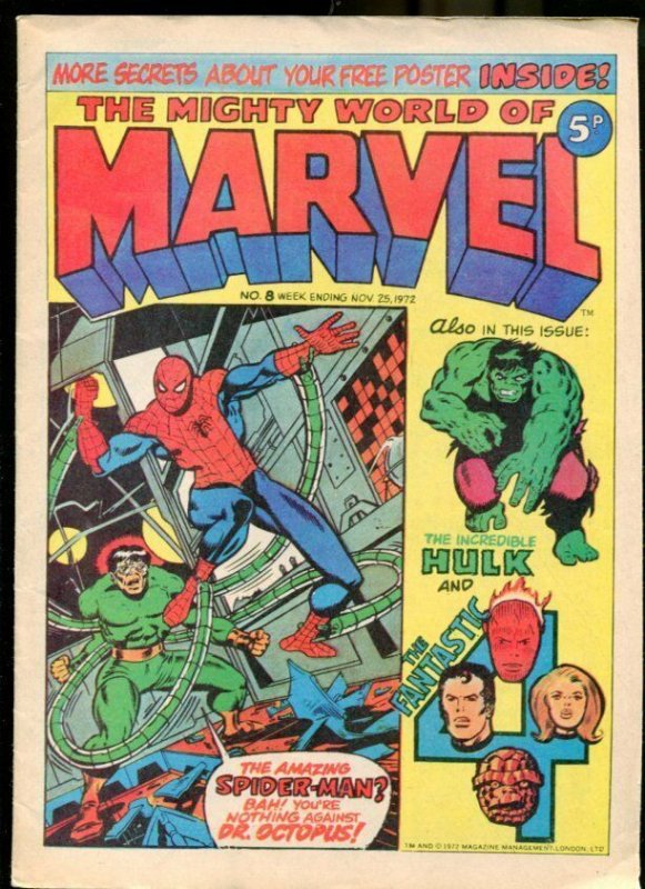 MIGHTY WORLD OF MARVEL #8 1972-SPIDER-MAN-HULK-FANTASTIC FOUR-KIRBY-UK COMIC FN 