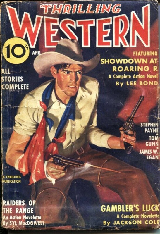 THRILLING WESTERN  APR 1936--RAIDERS OF THE RANGE by SLY MacDOWEL---STEPHEN P...