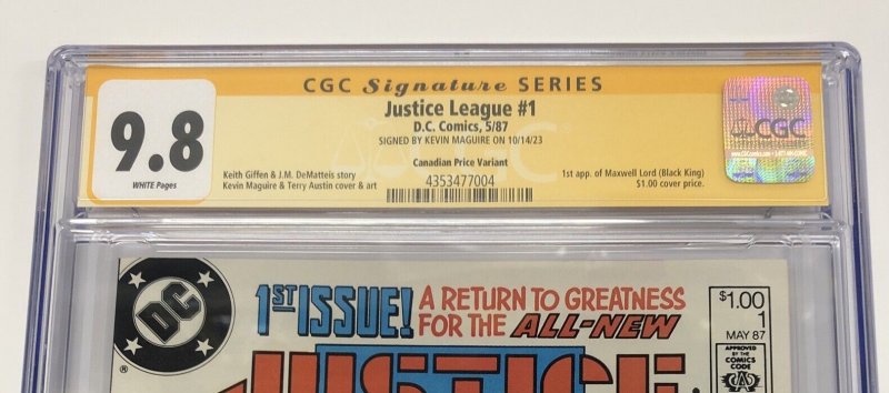 Justice League (1987) # 1 (CGC 9.8 SS) Signed Kevin Maguire • Census = 4 • CPV