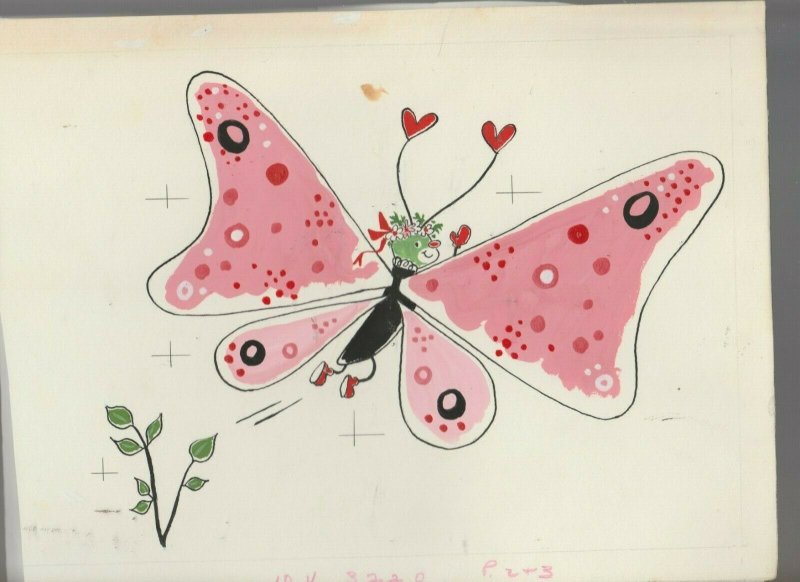 VALENTINES Cartoon Butterfly w/ Pink Wings 11x8.5 Greeting Card Art #V3220